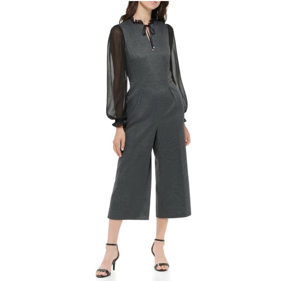 Tommy Hilfiger Grey Chic Evening Jumpsuit With Long Sheer Sleeves & Ruched Neck - Picture 3 of 16